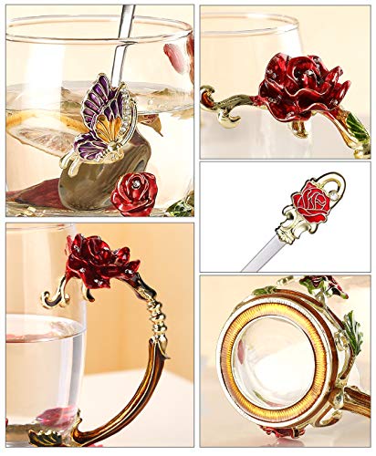 COAWG Taza de Té de Cristal Transparente, Taza de Té de Vidrio Rosa Roja Tazas de Cafe Tazas de Viaje con Manija Elaborada de la Flor y Hermosa 12oz-1Pc