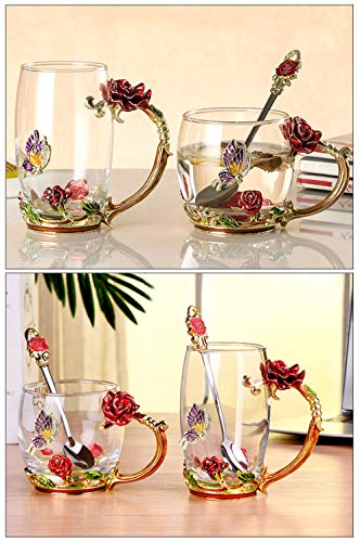 COAWG Taza de Té de Cristal Transparente, Taza de Té de Vidrio Rosa Roja Tazas de Cafe Tazas de Viaje con Manija Elaborada de la Flor y Hermosa 12oz-1Pc