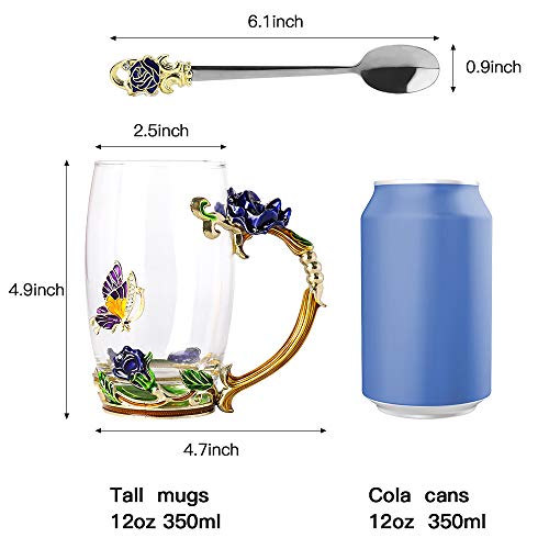 COAWG Taza de Té Vaso de Flores de Vidrio Taza de Té Café Maestro Amigo Cumpleaños Regalo de San Valentín para Mujeres y Hombres (Azul con cucharilla)-1Pc