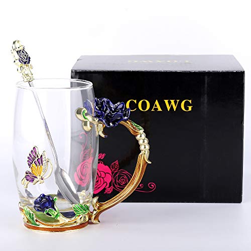 COAWG Taza de Té Vaso de Flores de Vidrio Taza de Té Café Maestro Amigo Cumpleaños Regalo de San Valentín para Mujeres y Hombres (Azul con cucharilla)-1Pc