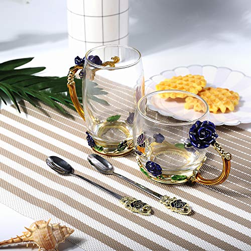 COAWG Taza de Té Vaso de Flores de Vidrio Taza de Té Café Maestro Amigo Cumpleaños Regalo de San Valentín para Mujeres y Hombres (Azul con cucharilla)-1Pc