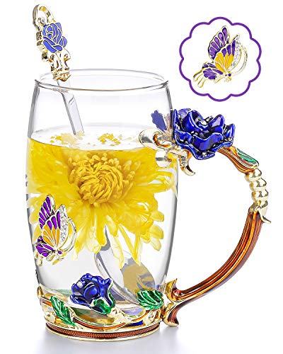 COAWG Taza de Té Vaso de Flores de Vidrio Taza de Té Café Maestro Amigo Cumpleaños Regalo de San Valentín para Mujeres y Hombres (Azul con cucharilla)-1Pc