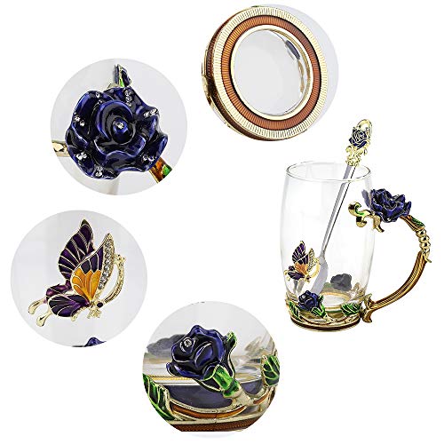 COAWG Taza de Té Vaso de Flores de Vidrio Taza de Té Café Maestro Amigo Cumpleaños Regalo de San Valentín para Mujeres y Hombres (Azul con cucharilla)-1Pc