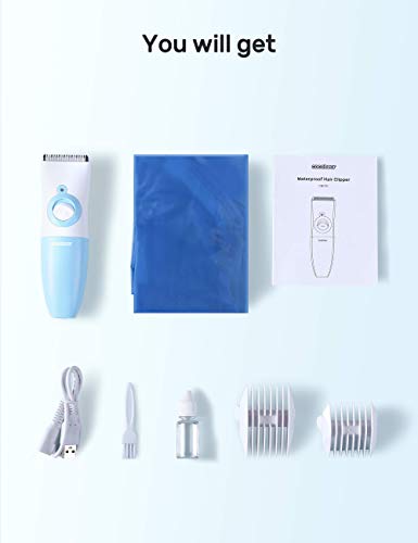 CocoBear Cortapelos para Bebés, Recortador de Cerámica Súper Silencioso para Niño, Kit de Corte de Pelo Impermeable IPX7 para Bebés, Hombres y Mujeres, USB Recargable, Inalámbrico, Blanco y Azul.