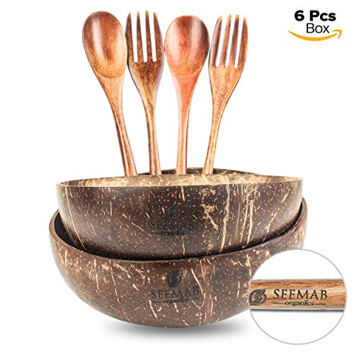Coconut Bowl, Coconut Bowl Spoon and Fork Set,100% Natural and Eco-Friendly, Vegan Friendly, Biodegradable, Reusable, Perfect Vegan Gift – By Seemab London