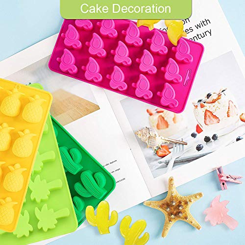 CODIRATO 4 PCS Moldes de Silicona sin BPA, Moldes de Gelatina Moldes de Caramelo Moldes de Chocolate para Hacer Tortas de Jabón de Gelatina Muffin Gummy (Cactus, Flamingos y Coco Tree and Pineapple)
