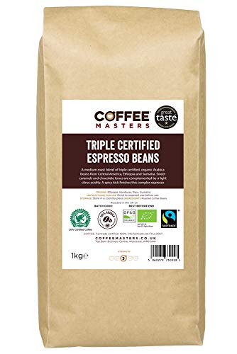 Coffee Masters Granos de Café Arábigo con Triple Certificación, Orgánico, Fairtrade, 1kg - Ganador Del Premio Great Taste 2018