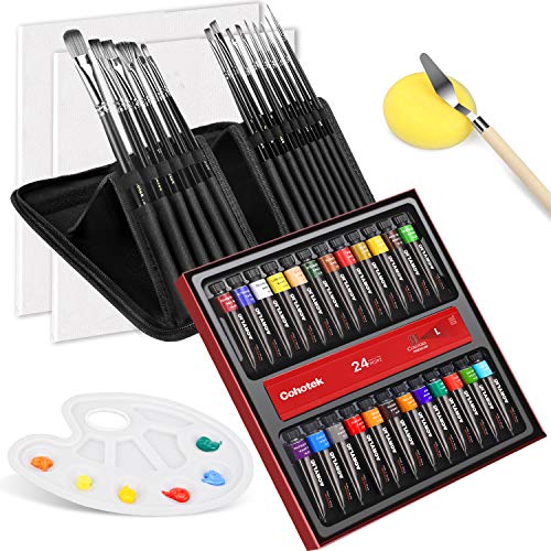 Cohotek Conjunto de Pinturas Acrílicas, 24 Colores con Pinceles de Pintura, Esponja de Acuarela, Espátula, Paleta y Lienzo para Pintar – Ideal para Artistas, Principiantes o Niños (No Tóxicos)