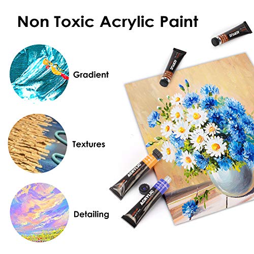 Cohotek Conjunto de Pinturas Acrílicas, 24 Colores con Pinceles de Pintura, Esponja de Acuarela, Espátula, Paleta y Lienzo para Pintar – Ideal para Artistas, Principiantes o Niños (No Tóxicos)