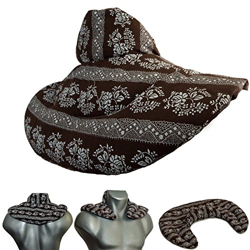 Cojín cervical térmico con cuello, moreno con flores. Saco con semillas de lino. Cojín de nuca. Almohada térmica caliente y frio con semillas