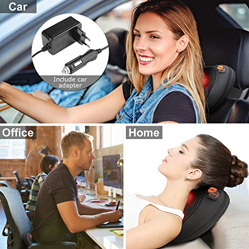 Cojín Masajeador Eléctrico, Almohada Masajeadora con 3 Velocidades, 4 Bolas de Masaje, Función de Calor, para Relajar Espalda y el Cuello con Cargador Normal/Coche para Casa/Coche/Oficina