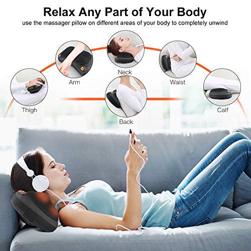 Cojín Masajeador Eléctrico, Almohada Masajeadora con 3 Velocidades, 4 Bolas de Masaje, Función de Calor, para Relajar Espalda y el Cuello con Cargador Normal/Coche para Casa/Coche/Oficina