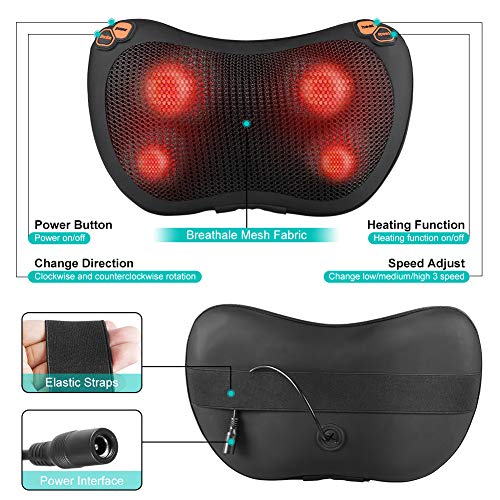 Cojín Masajeador Eléctrico, Almohada Masajeadora con 3 Velocidades, 4 Bolas de Masaje, Función de Calor, para Relajar Espalda y el Cuello con Cargador Normal/Coche para Casa/Coche/Oficina