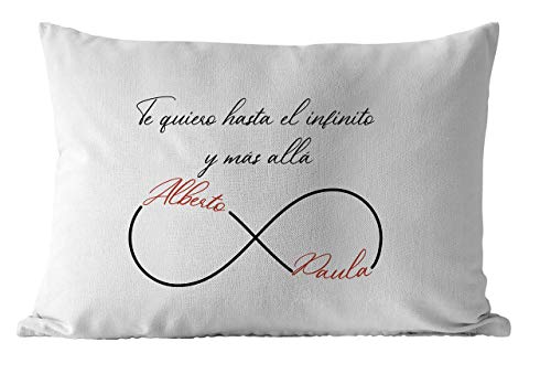 Cojín personalizado enamorados, Te quiero hasta el infinito y más allá, 50x30cm incluye relleno ideal regalo original San Valentín parejas