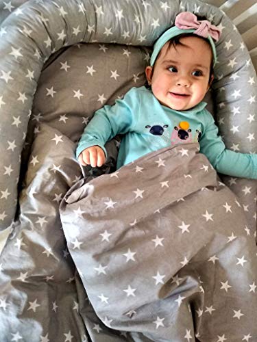 cojin protector cuna - chichonera bebe cuna (blanco-gris con estrellas, 210 x 30 cm)