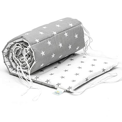 cojin protector cuna - chichonera bebe cuna (blanco-gris con estrellas, 210 x 30 cm)