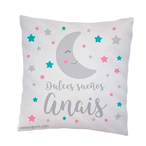Cojín regalo bebe dulces sueños luna. 40x40 cm, incluye relleno. Elige el color. Nacimiento, recién nacido, decoración cuna. Cojines infantiles originales apego guardería. Idea Navidad bebe