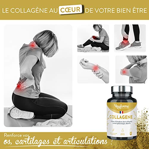 Colágeno 100 % natural, más eficaz que el colágeno marino, enriquecido con ácido hialurónico, elástico y Co Enzyme Q10, acción antiedad y antiarrugas - 60 g/30 días - Fabricado en Francia por Apyforme