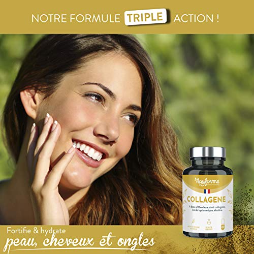 Colágeno 100 % natural, más eficaz que el colágeno marino, enriquecido con ácido hialurónico, elástico y Co Enzyme Q10, acción antiedad y antiarrugas - 60 g/30 días - Fabricado en Francia por Apyforme