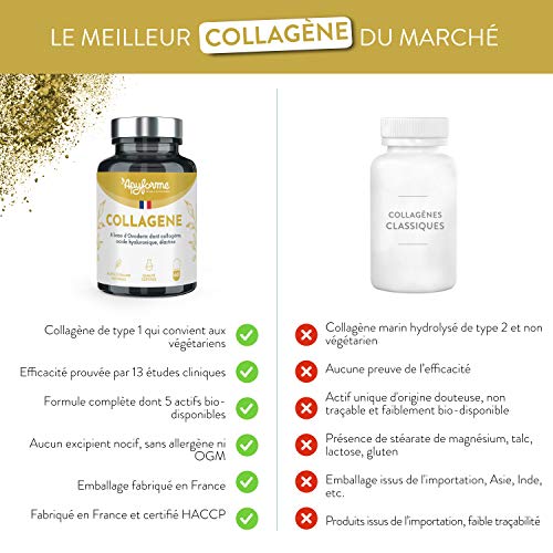 Colágeno 100 % natural, más eficaz que el colágeno marino, enriquecido con ácido hialurónico, elástico y Co Enzyme Q10, acción antiedad y antiarrugas - 60 g/30 días - Fabricado en Francia por Apyforme