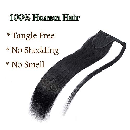 Coleta Postiza Pelo Natural Humano Clip Ponytail Extensiones 100% Remy Extensiones de Cabello Humano #1 Negro 50cm-95g