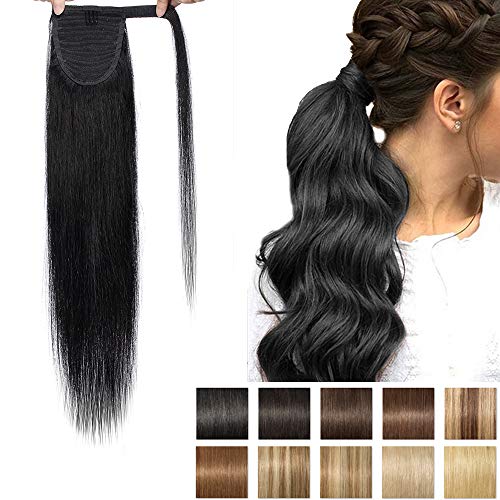Coleta Postiza Pelo Natural Humano Clip Ponytail Extensiones 100% Remy Extensiones de Cabello Humano #1 Negro 50cm-95g