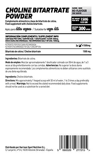Colina Bitartrato en Polvo de HSN | Suplemento Nootrópico Natural Apoyo para la Función Cognitiva | Ayuda a Concentrarse y Estudiar | Estimular la Memoria | Vegano, Sin Gluten, Sin Lactosa, 150gr