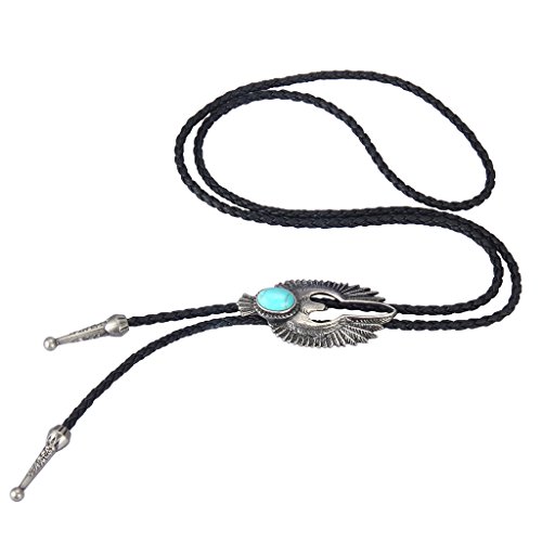 Colla Bolo - Gargantilla de piel con corbata de vaquero y colgante de turquesa vintage para mujer y hombre Plateado