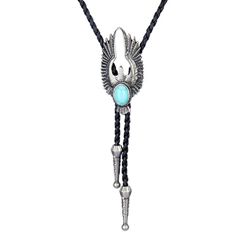 Colla Bolo - Gargantilla de piel con corbata de vaquero y colgante de turquesa vintage para mujer y hombre Plateado