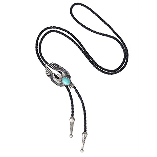 Colla Bolo - Gargantilla de piel con corbata de vaquero y colgante de turquesa vintage para mujer y hombre Plateado