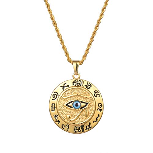 Collar de acero inoxidable con colgante de ojo de Horus para Navidad, regalo del día del padre, estilo hip hop, ojo azul de Horus, cadena de caja de 24 pulgadas Dorado