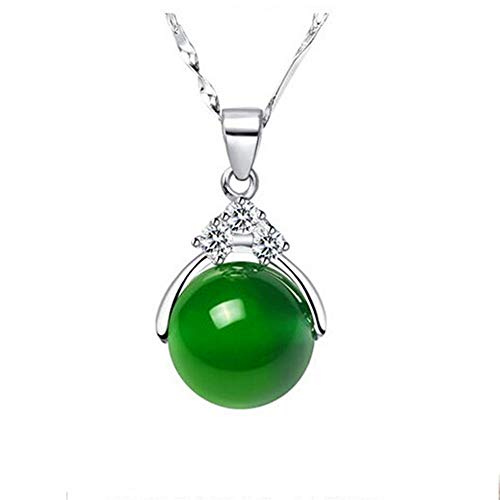 Collar de plata con colgante de piedra de jade verde redonda, para mujer