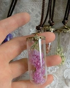 Collar de terrario, joyería de la naturaleza, colgante de jardín de hadas, musgo, flores secas rosas, botella de cristal en miniatura Olvídate de mí no seca
