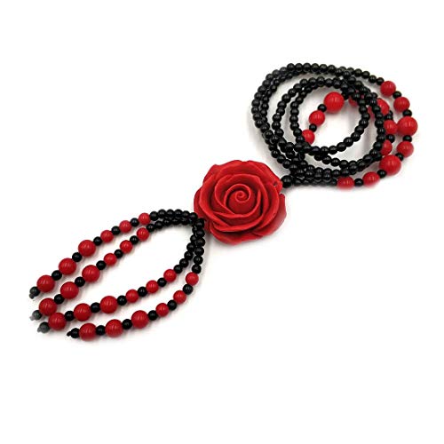 Collar largo con colgante de rosa roja de cinabar para mujeres y niñas, de piedra natural con colgante, accesorios de ropa, 100% hecho a mano, arte femenino, moda