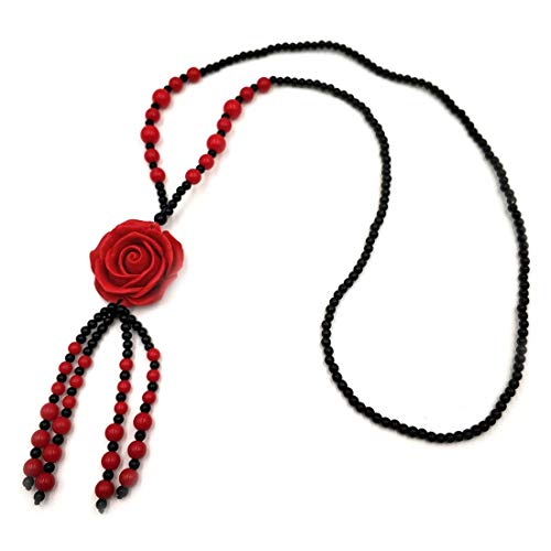 Collar largo con colgante de rosa roja de cinabar para mujeres y niñas, de piedra natural con colgante, accesorios de ropa, 100% hecho a mano, arte femenino, moda
