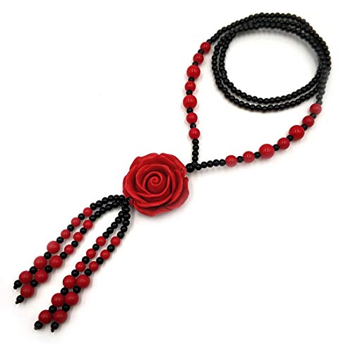 Collar largo con colgante de rosa roja de cinabar para mujeres y niñas, de piedra natural con colgante, accesorios de ropa, 100% hecho a mano, arte femenino, moda
