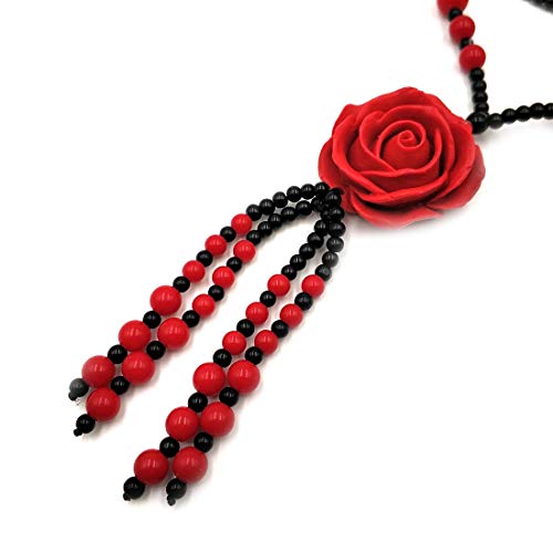 Collar largo con colgante de rosa roja de cinabar para mujeres y niñas, de piedra natural con colgante, accesorios de ropa, 100% hecho a mano, arte femenino, moda