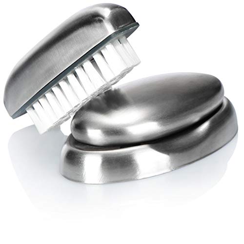 com-four® Juego de cepillos para Lavar a Mano de 3 Piezas de Acero Inoxidable y jabón de Acero Inoxidable con jabonera - Limpieza Manos, pies y uñas - Elimina olores