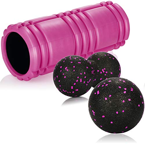 com-four® Juego de Masaje de 3 Piezas, Bola de Masaje, Bola Doble y Rodillo de Fascia: automasaje, estimulación de la circulación sanguínea y relajación después del Trabajo, Fitness y Deporte