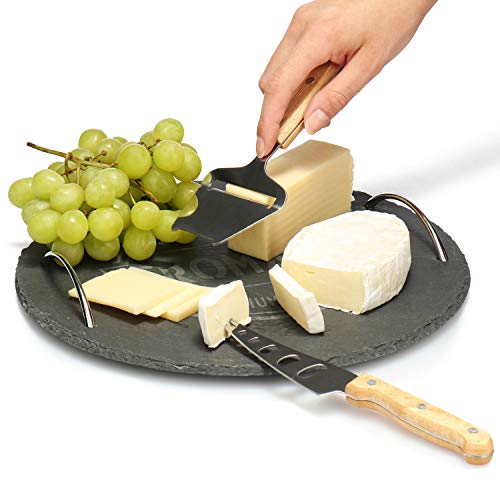 com-four® Plato para Servir de 3 Piezas, Tabla de quesos de Pizarra con Cuchillo de Queso y rebanador de Queso, para Servir especialidades de Queso