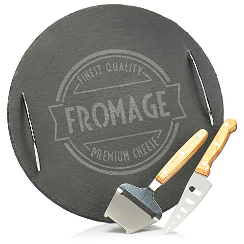 com-four® Plato para Servir de 3 Piezas, Tabla de quesos de Pizarra con Cuchillo de Queso y rebanador de Queso, para Servir especialidades de Queso
