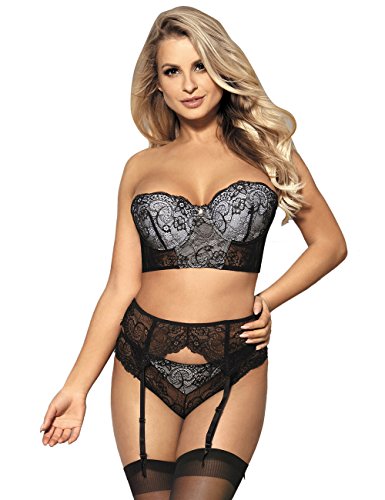 comeondear Mujer Conjunto de Lencería Encaje Sujetador con Aros Tirantes Extraíbles con Liguero y Braga sin Medias Talla Grande