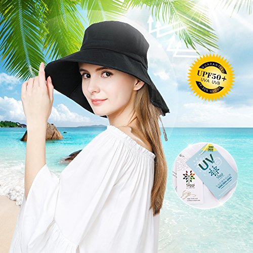 Comhats Mujer Sol Verano Algodón Sombrero De ala Ancha Tapa Abatible UPF 50 + Barbilla Manera Gorro Negro M