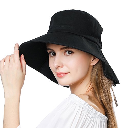 Comhats Mujer Sol Verano Algodón Sombrero De ala Ancha Tapa Abatible UPF 50 + Barbilla Manera Gorro Negro M