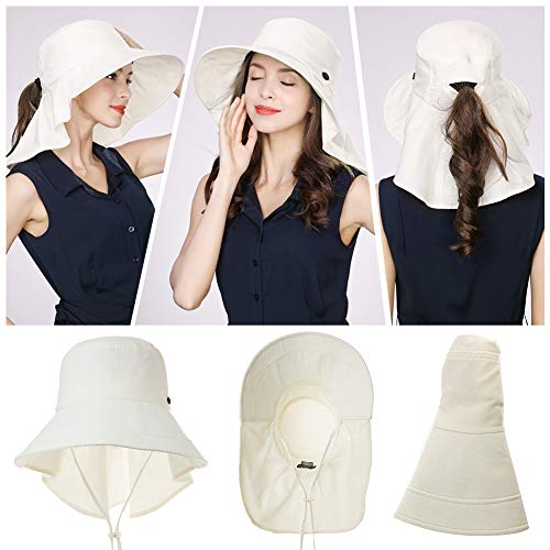 Comhats - Sombrero para Mujer con protección Solar UPF 50+ Safari, ala Ancha, Cuello Ajustable, con Correa para la Barbilla y Agujero para la Cola de Caballo Beige 00020_Beige M