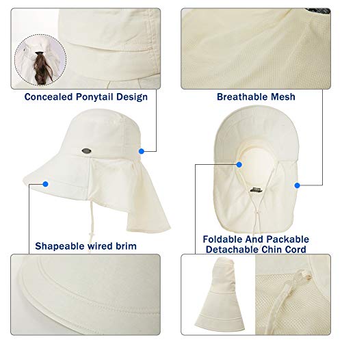 Comhats - Sombrero para Mujer con protección Solar UPF 50+ Safari, ala Ancha, Cuello Ajustable, con Correa para la Barbilla y Agujero para la Cola de Caballo Beige 00020_Beige M