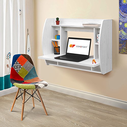COMIFORT Escritorio Colgante - Mesa de Pared con Librería de Estructura Firme, Moderna y Minimalista con Baldas Espaciosas y de Gran Capacidad, Color Nordic