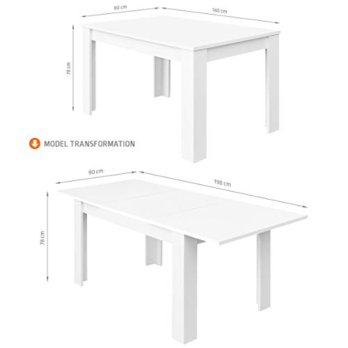 COMIFORT Mesa de Comedor- Mueble Extensible, de Estilo Moderno, Muy Resistente, con Medidas de 140/190 x 90 x 78 cm, Fabricado en Europa, Color Blanco