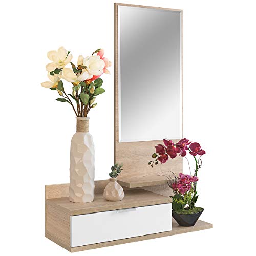 COMIFORT Recibidor Colgante - Mueble de Entrada con Cajón, Espejo y 3 Estantes de Estilo Nórdico y Moderno, Muy Resistente y Estable, de Color Blanco y Roble