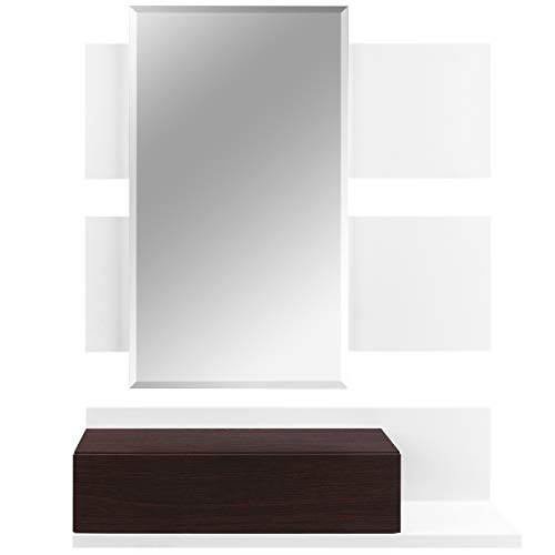 COMIFORT Recibidor Colgante - Mueble de Entrada con Cajón, Espejo y Estante de Estilo Nórdico y Moderno, Muy Resistente y Estable, de Color Blanco y Wengue